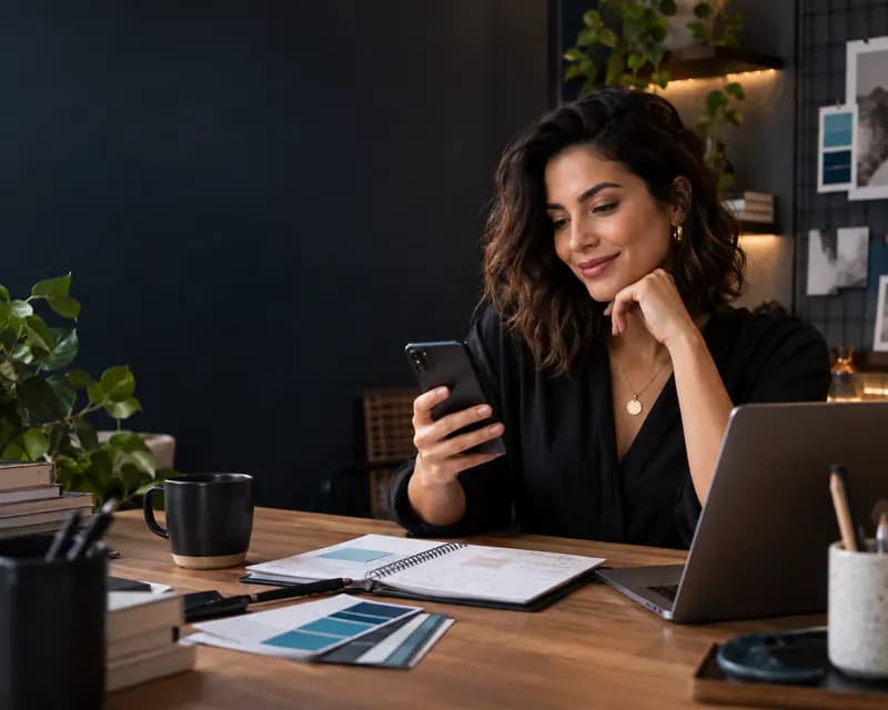 Empresária analisa um planejamento de marketing no celular em uma mesa de trabalho