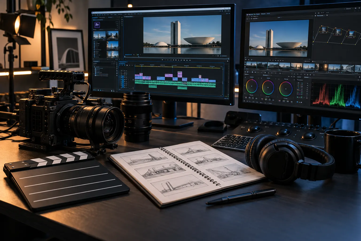 Câmera, storyboard e interfaces do Adobe Premiere Pro e DaVinci Resolve em uma mesa de produção audiovisual