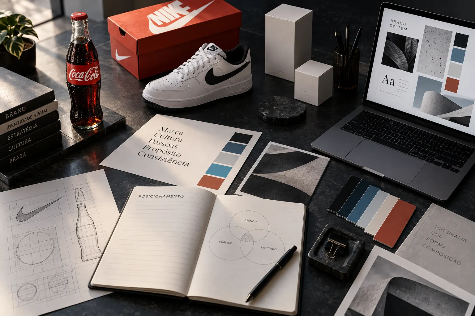 Simulação editorial usa Coca-Cola e Nike como referências conhecidas em uma mesa de estratégia e identidade visual