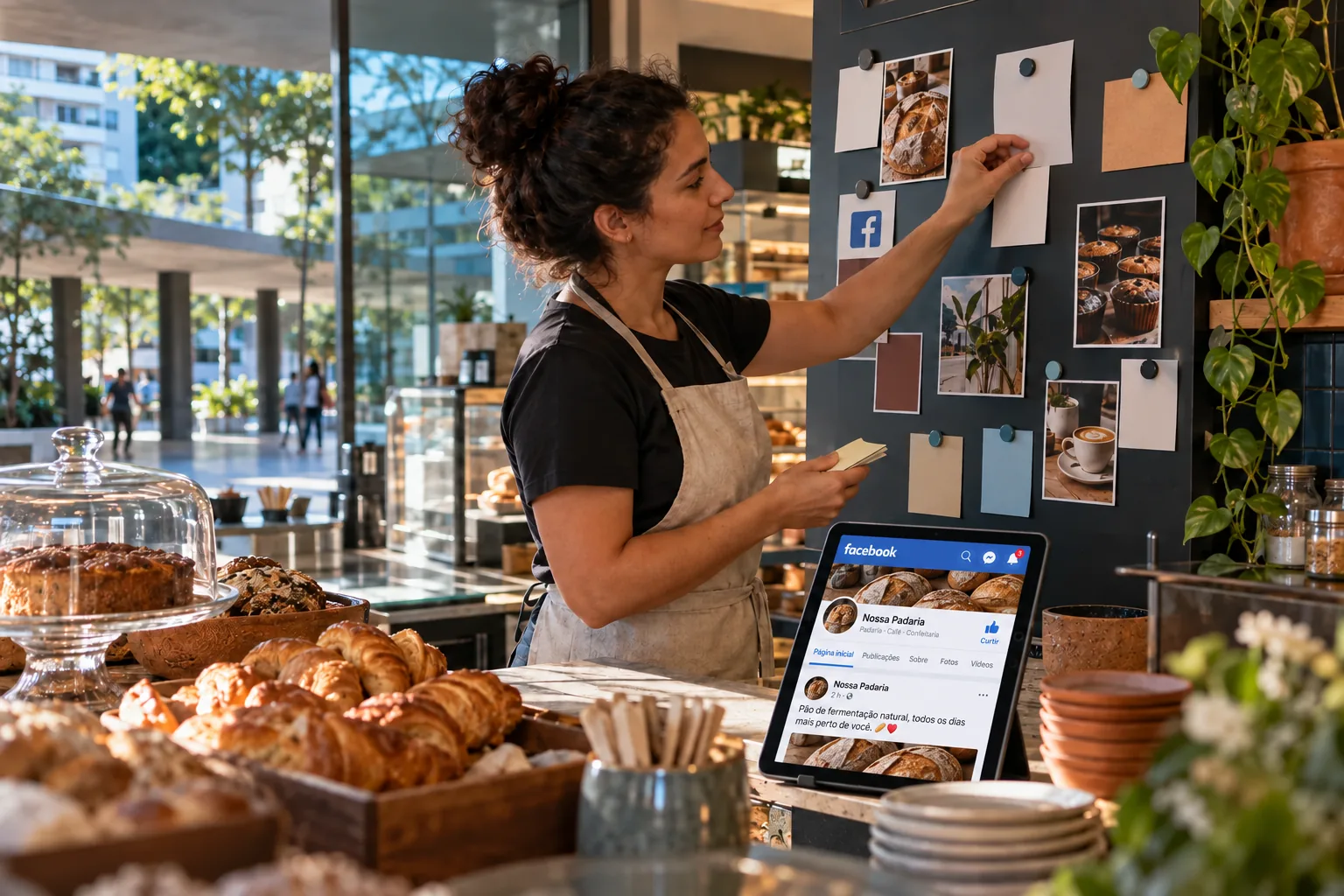 Empresária de uma padaria local organiza a comunicação enquanto um tablet exibe uma página comercial no Facebook