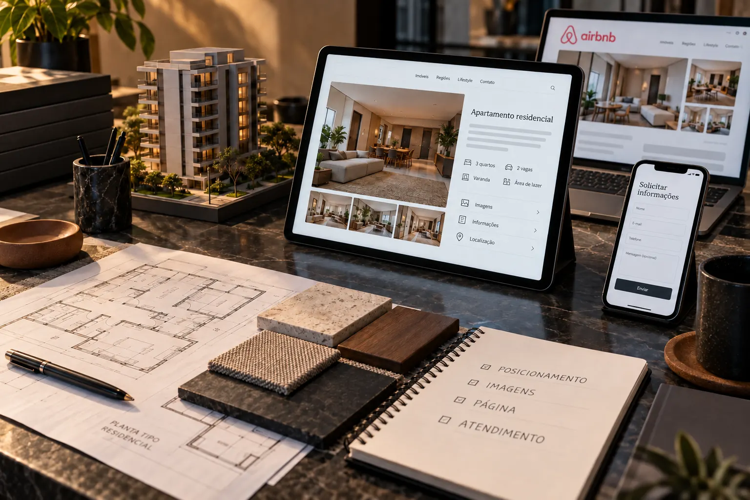 Simulação editorial de página imobiliária, planta, materiais e Airbnb como referência de apresentação digital