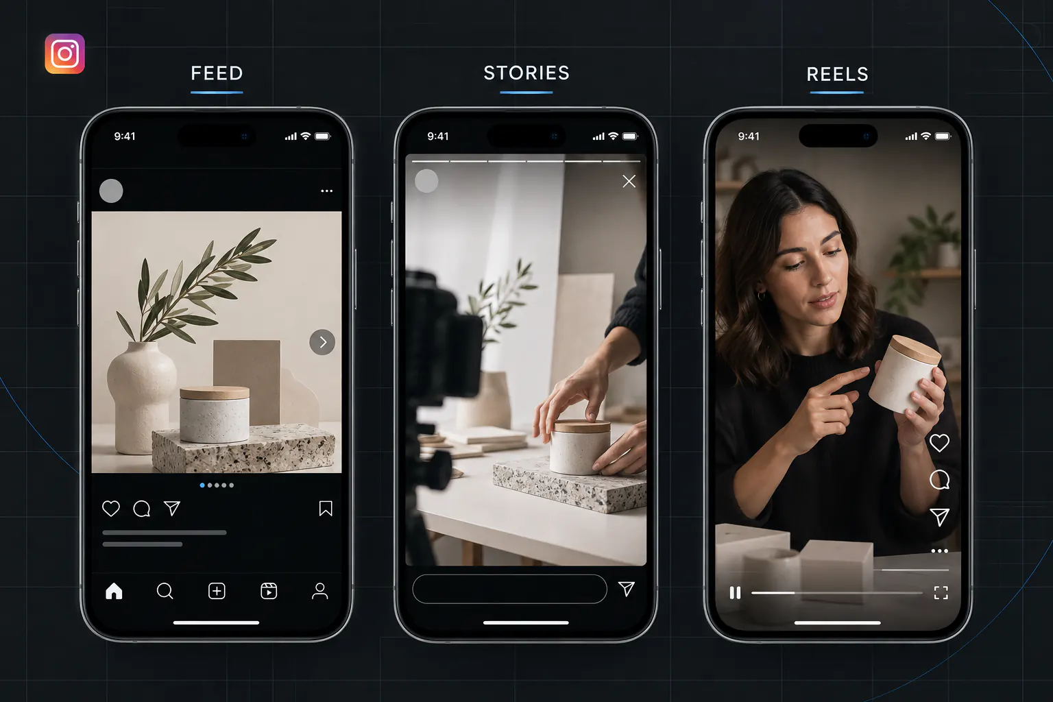 Comparação editorial dos formatos Feed, Stories e Reels em três telas de smartphone com a identidade do Instagram