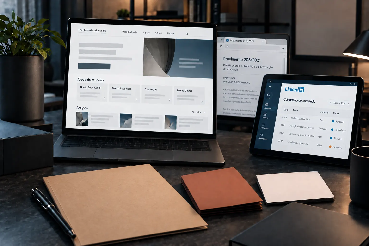 Mesa editorial sem pessoas com site jurídico, Provimento 205 de 2021 e calendário de conteúdo no LinkedIn