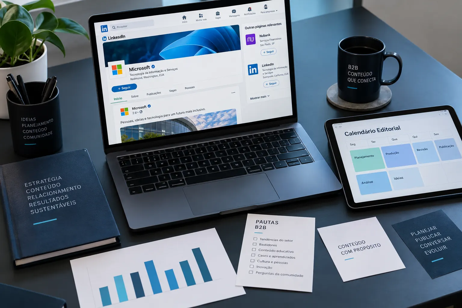 Mesa sem pessoas com interface oficial do LinkedIn, calendário editorial e referências editoriais da Microsoft e do Nubank