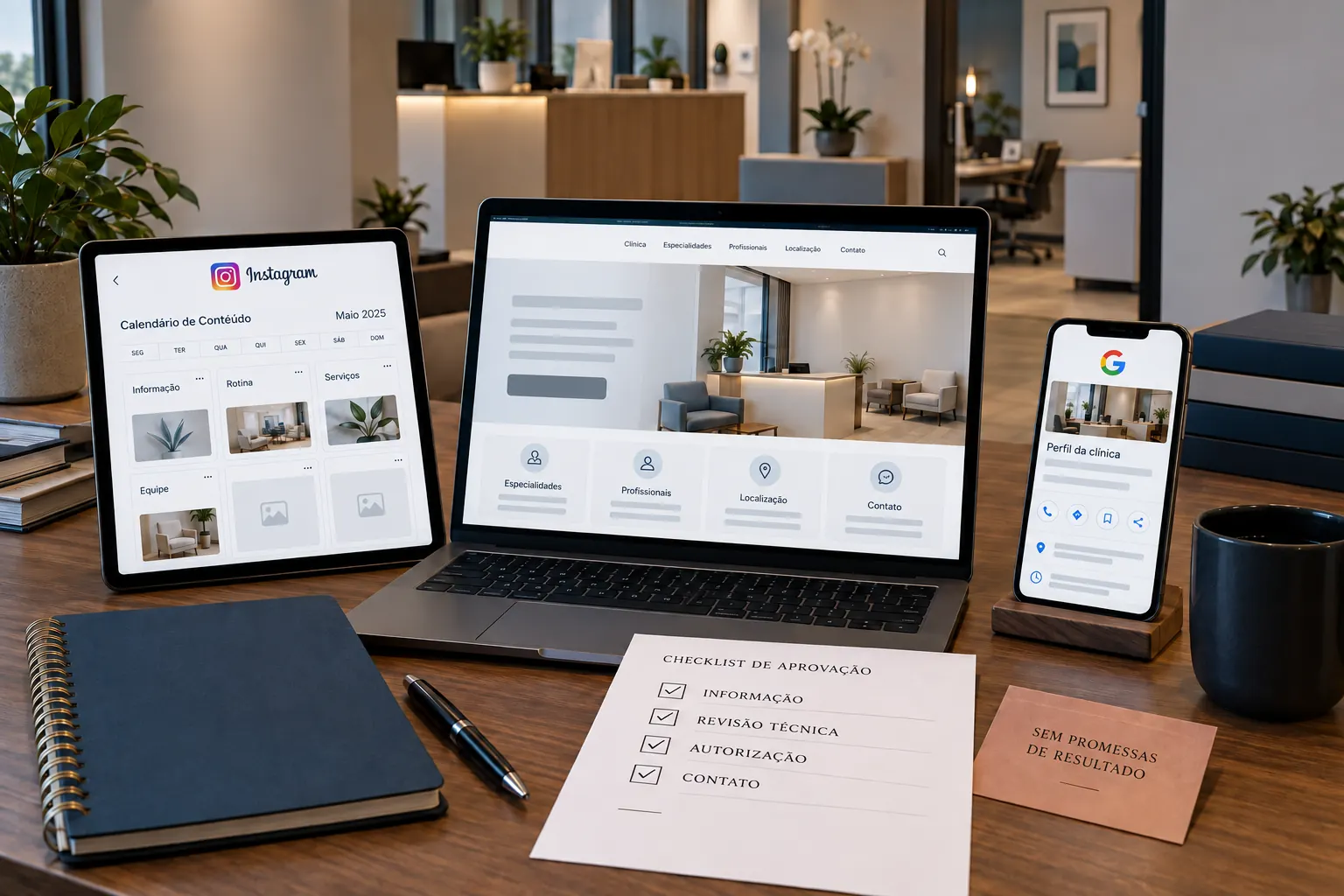 Simulação editorial de site, Instagram e Perfil da Empresa no Google para uma clínica fictícia com checklist de aprovação