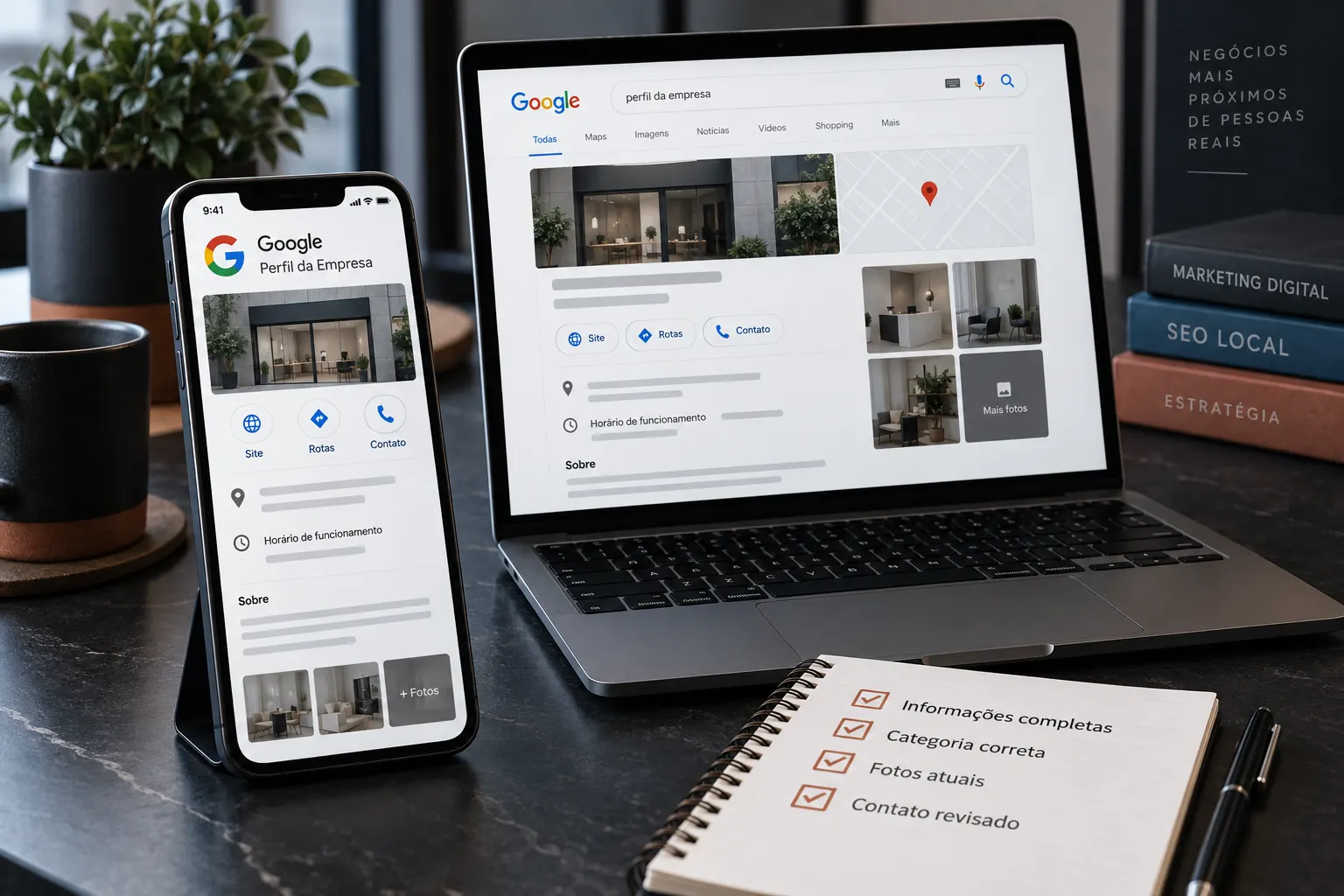 Simulação editorial do Perfil da Empresa no Google em celular e notebook com informações locais a revisar