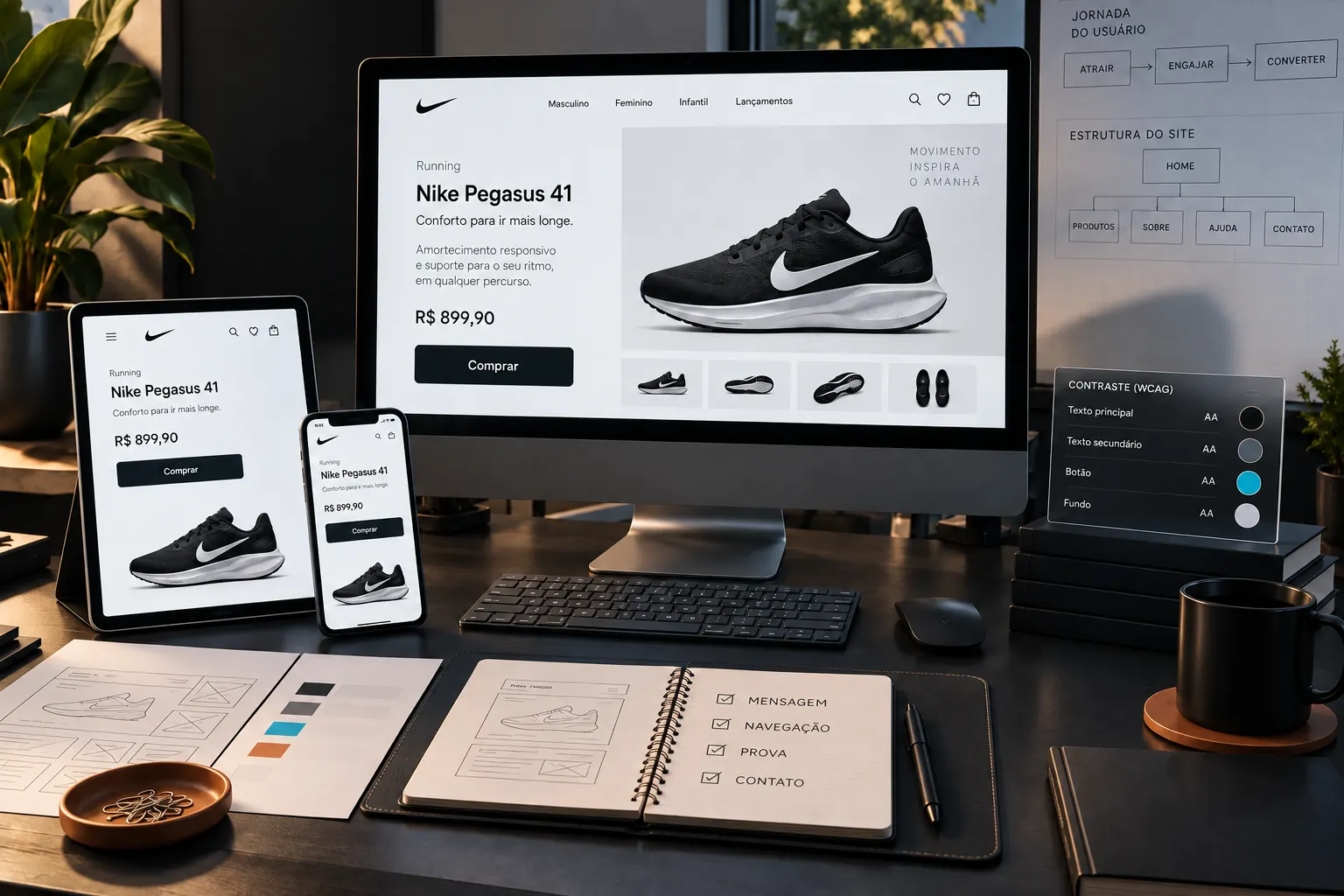 Simulação editorial de uma página da Nike em monitor, tablet e celular durante uma revisão de design responsivo