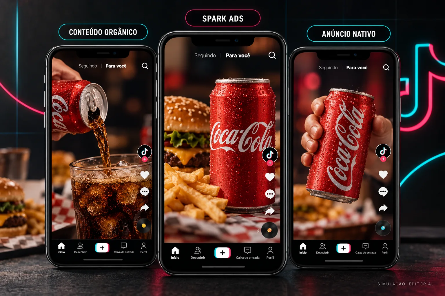 Simulação editorial com Coca-Cola compara conteúdo orgânico, Spark Ads e anúncio nativo no TikTok