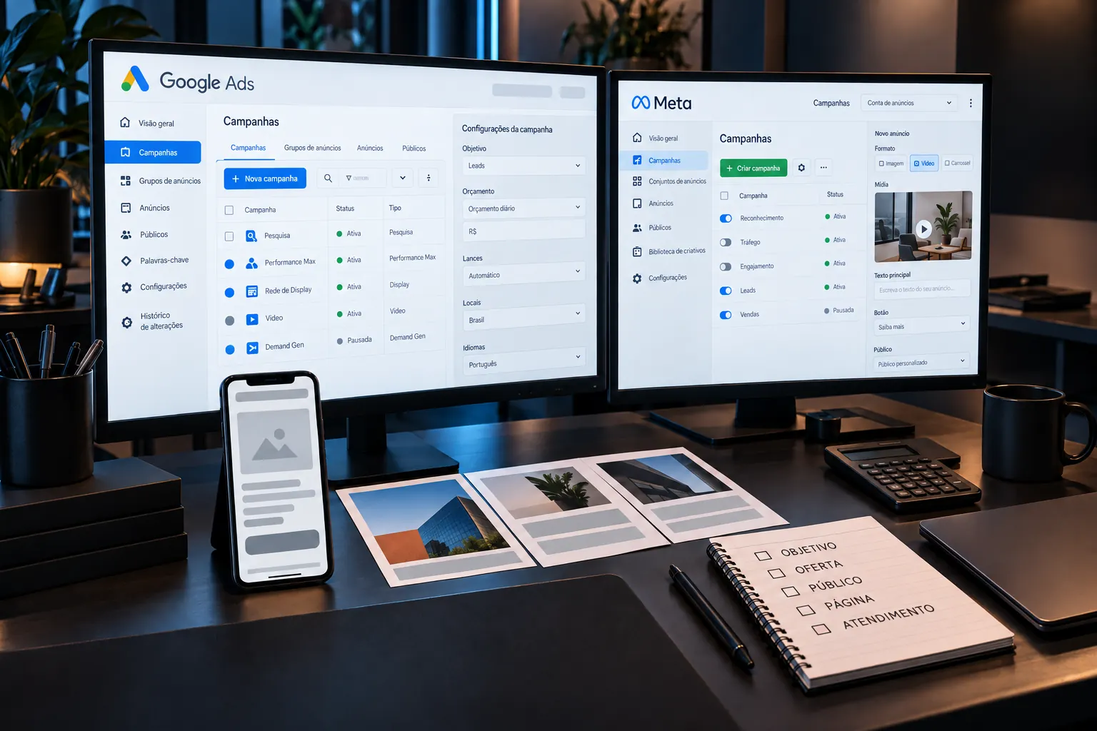Simulação editorial de interfaces do Google Ads e Meta Ads em uma mesa de planejamento de campanhas