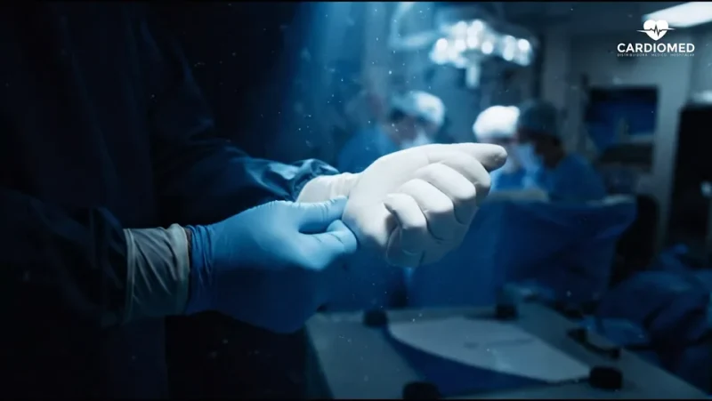 Cena editorial do filme da Cardiomed com mãos enluvadas em um ambiente de saúde