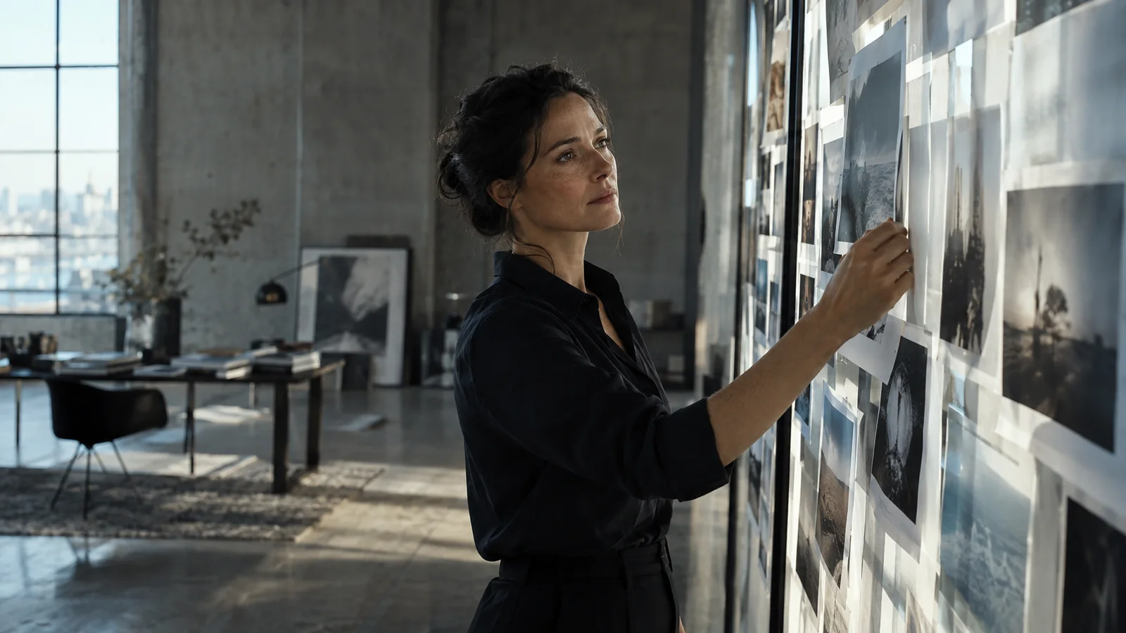 Diretora de arte observa referências fotográficas sob luz cinematográfica em uma mesa criativa