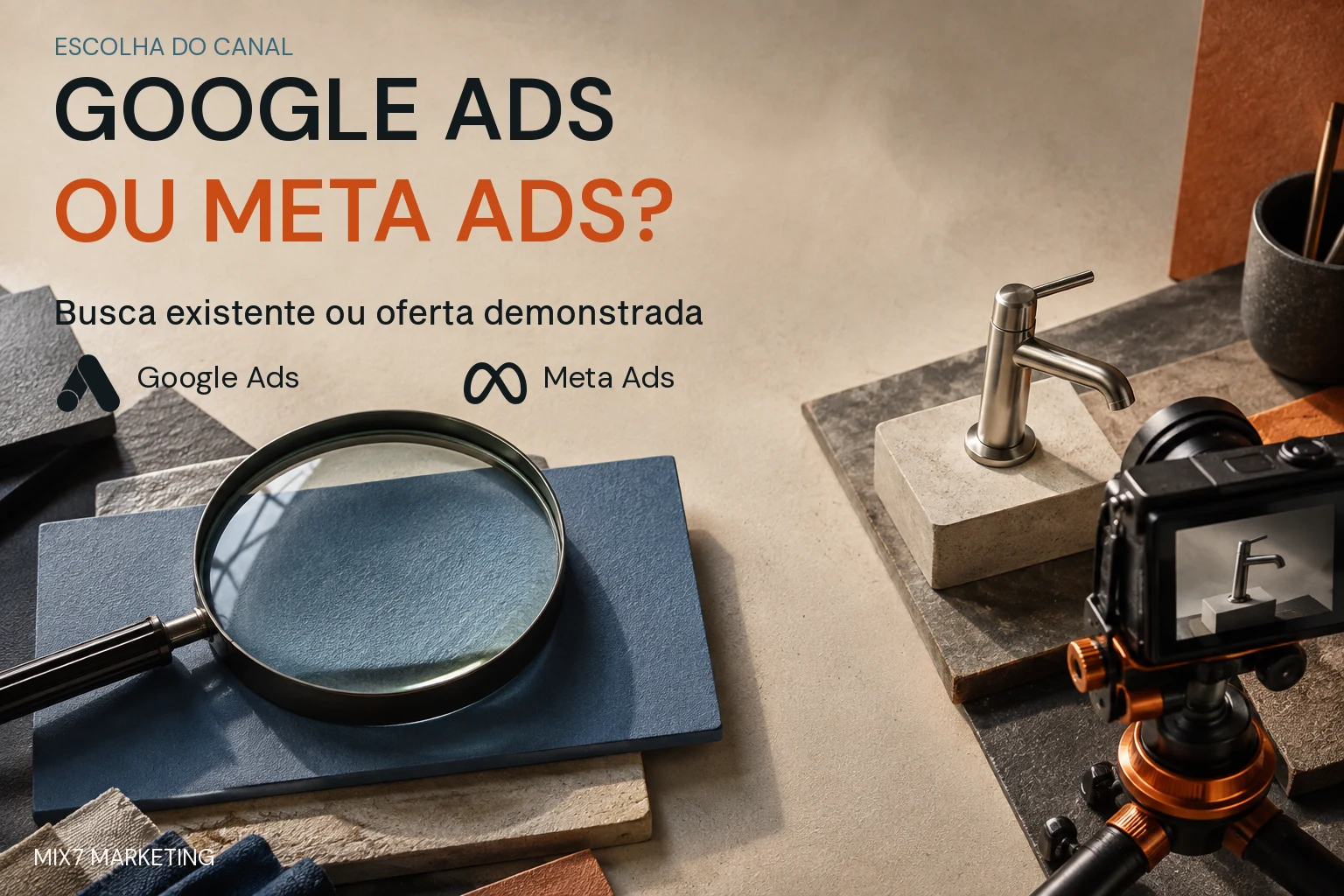 Lupa e câmera diante de um produto ilustram procura e demonstração, com chamada Google Ads ou Meta Ads e símbolos das plataformas