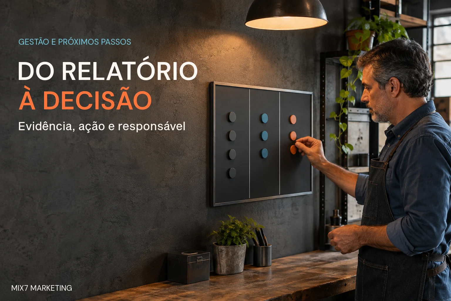 Profissional fictício move um marcador num quadro de tarefas sem métricas, ao lado da chamada Do relatório à decisão