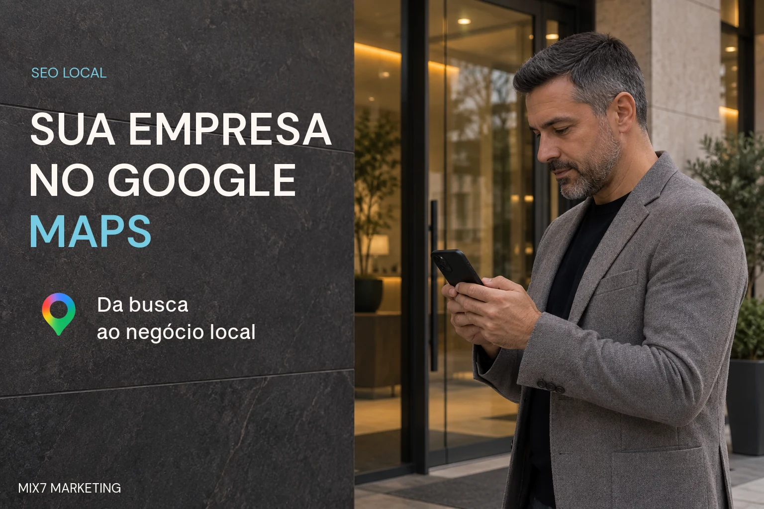 Homem fictício consulta o celular, com a tela voltada para ele, na entrada de um negócio local, ao lado de chamada sobre Google Maps e do ícone da plataforma