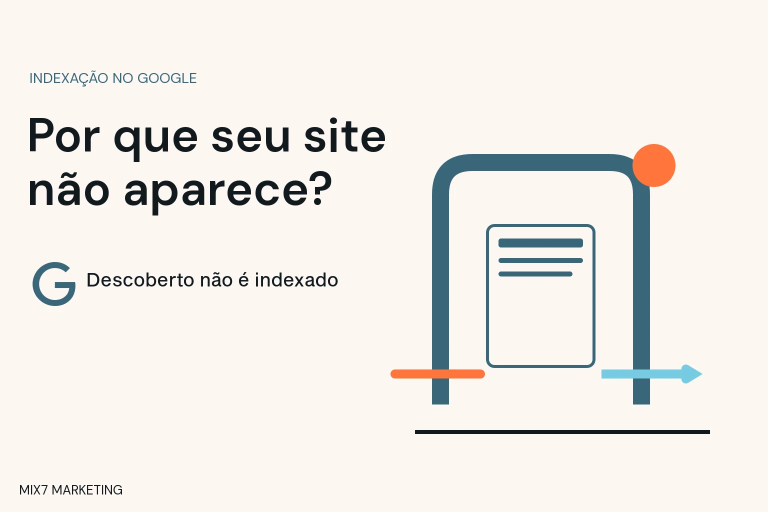 Ilustração de uma página em uma passagem simbólica entre descoberta e índice, com a chamada Por que seu site não aparece