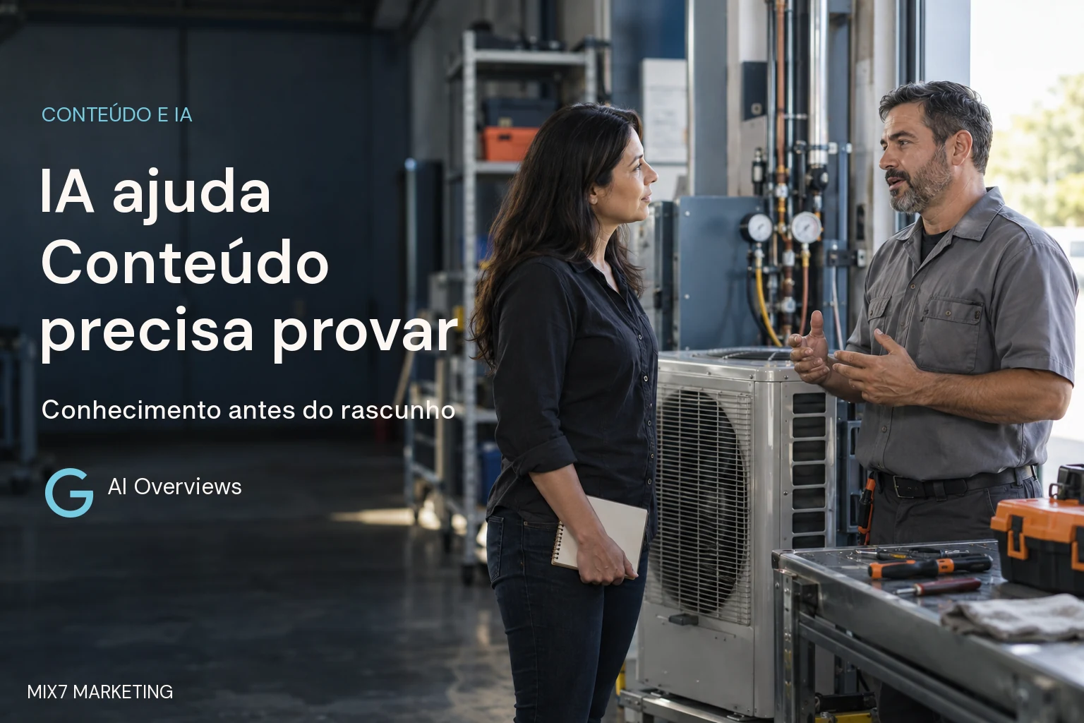 Mulher com caderno conversa com um técnico ao lado de equipamentos em uma oficina, com chamada sobre conteúdo e evidência