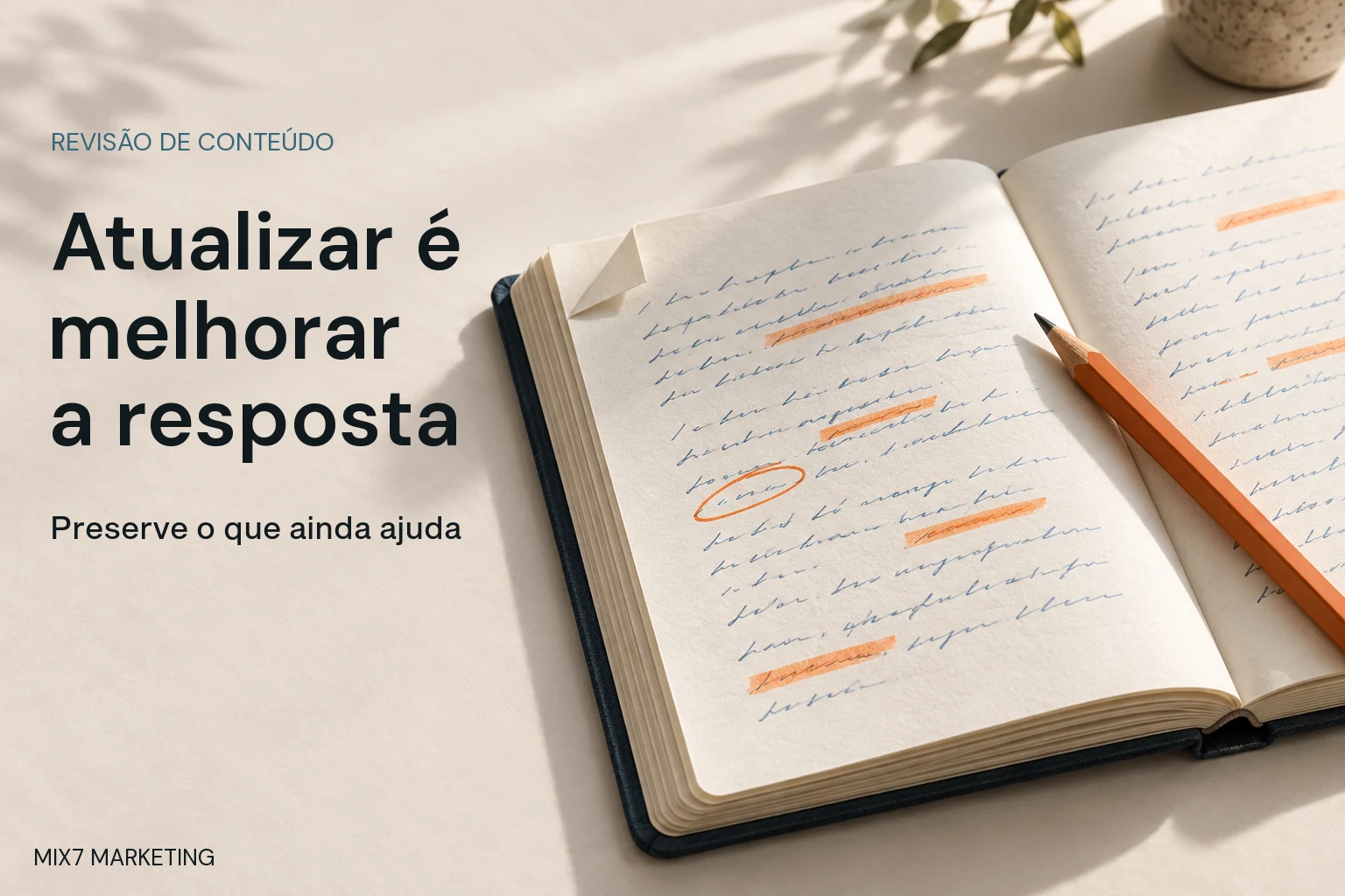 Caderno aberto com marcações abstratas e lápis laranja, com chamada Atualizar é melhorar a resposta