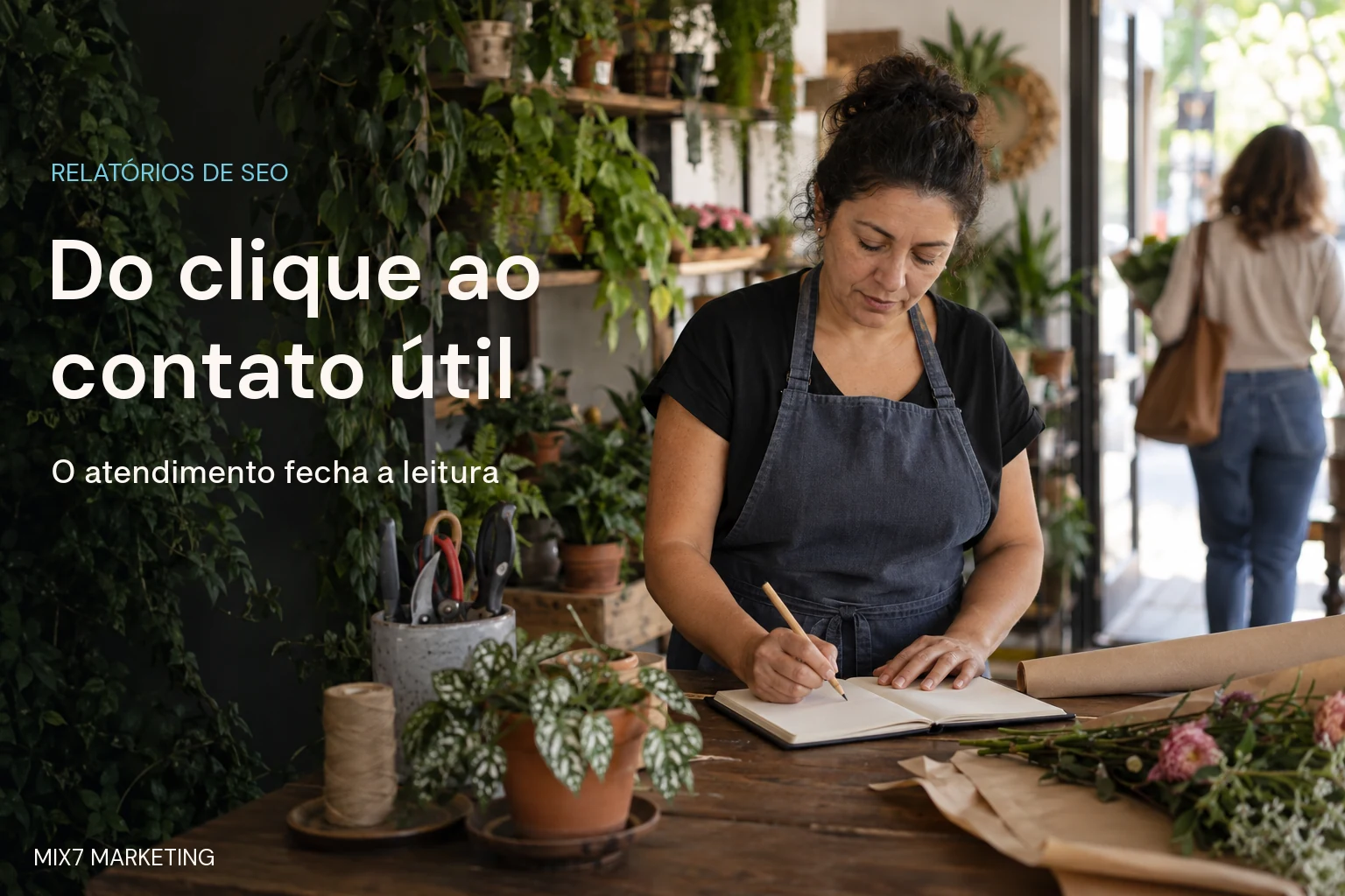 Profissional de uma loja de plantas escreve em um caderno após o atendimento, com chamada Do clique ao contato útil