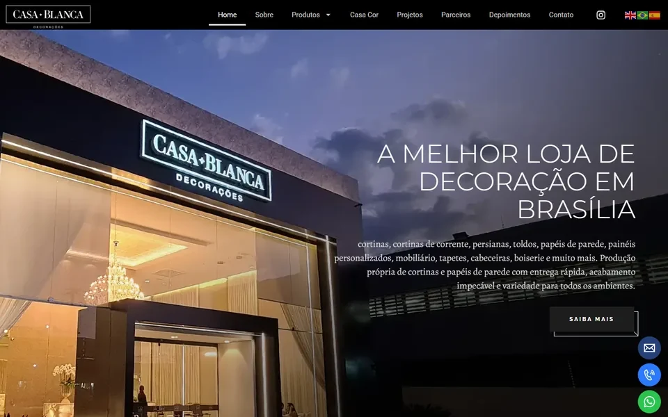 Captura do site Casa Blanca mostra navegação por produtos, projetos, parceiros e contato