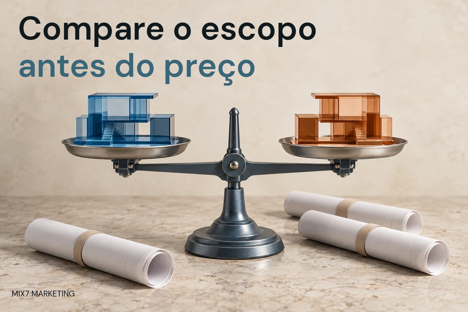 Balança com dois modelos azuis e laranjas de mesmo volume e três propostas enroladas; chamada Compare o escopo antes do preço