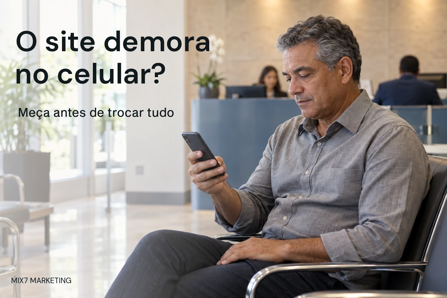 Homem sentado em uma recepção consulta o telefone com a tela voltada para ele; chamada O site demora no celular