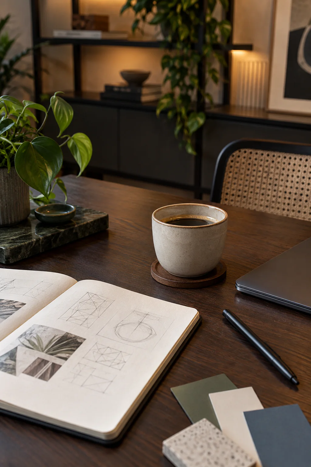 Xícara de café, caderno de criação e amostras de materiais sobre uma mesa de trabalho