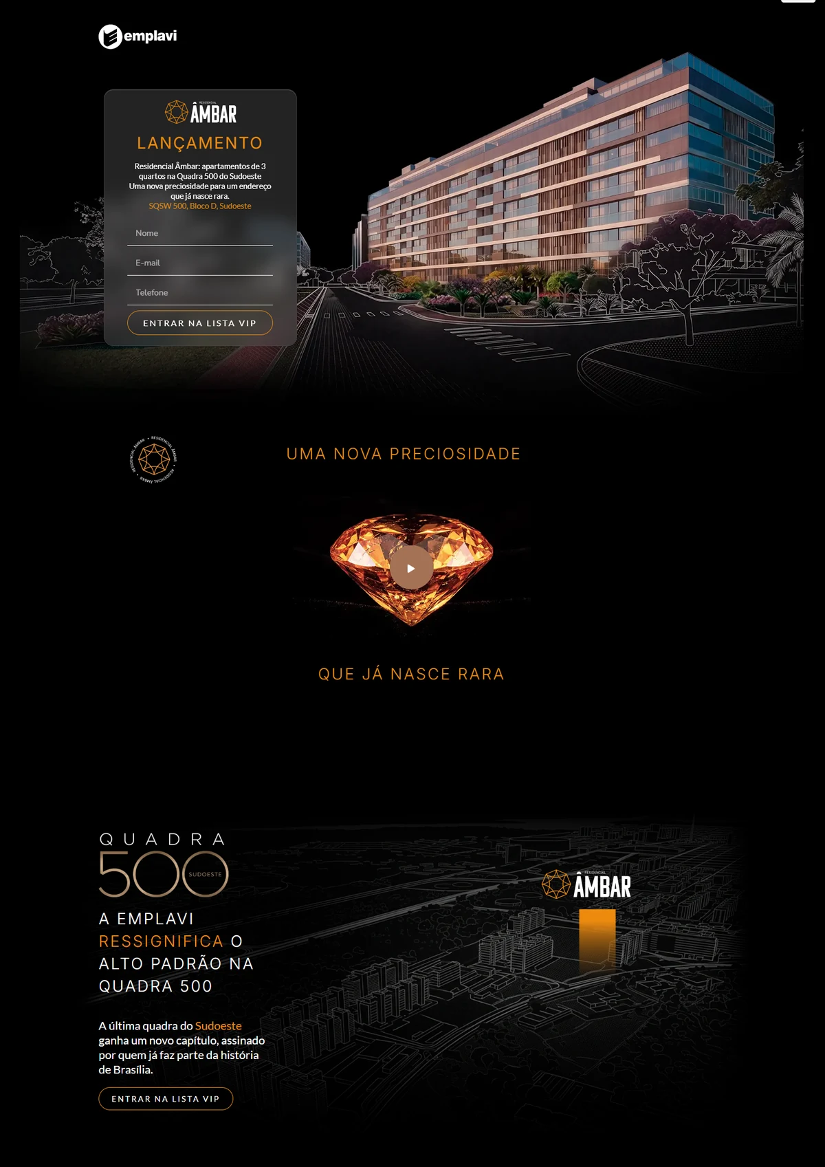 Captura da landing page histórica do Residencial Âmbar, com apresentação do empreendimento e inscrição na lista VIP