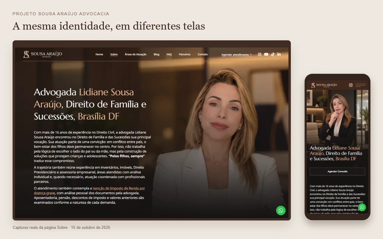 Composição com capturas reais da página Sobre da Sousa Araújo Advocacia no computador e no celular