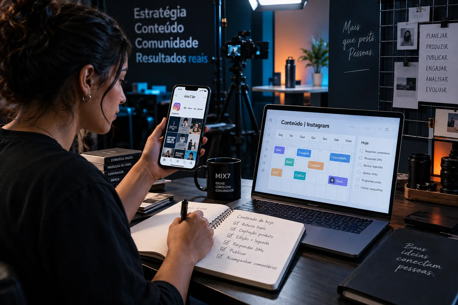 Estrategista organiza calendário, produção de Reels, publicações e respostas em uma operação de Instagram