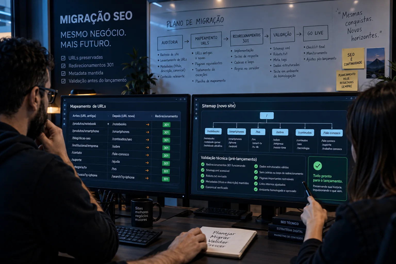 Equipe confere mapa de URLs antigas e novas, redirecionamentos 301, sitemap e validações de uma migração SEO