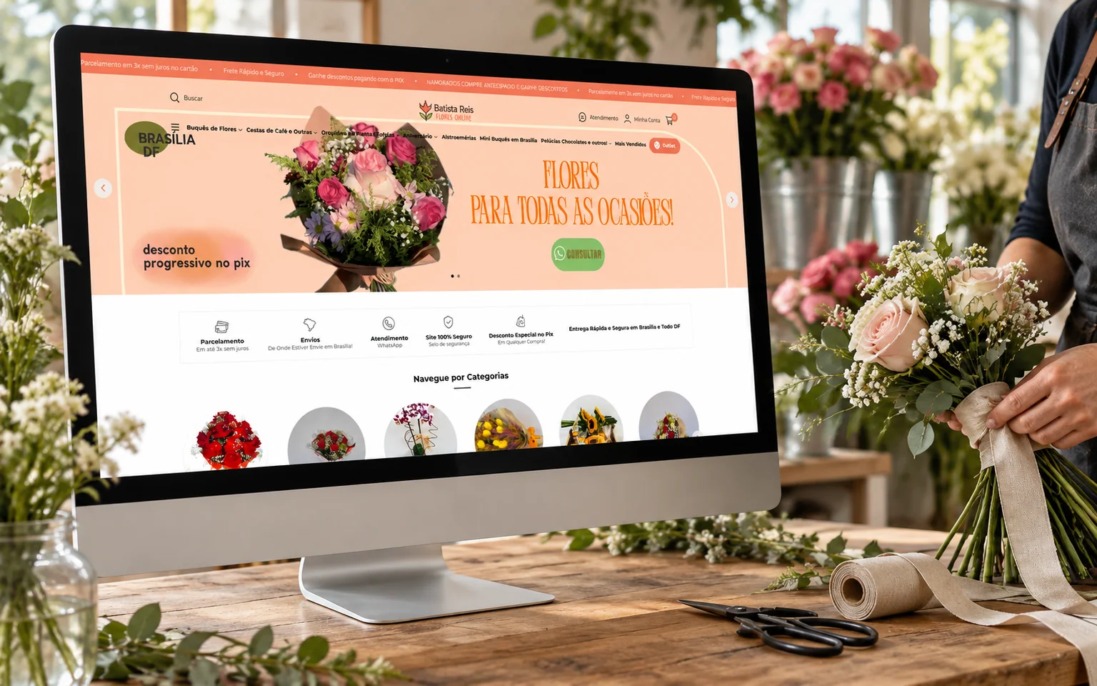 Mockup da loja Batista Reis em computador no balcão de uma floricultura