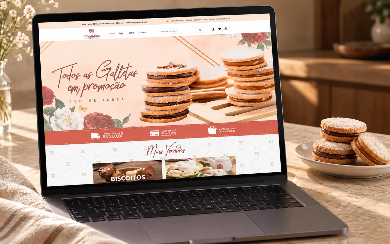 Mockup do e-commerce Dom Casero em notebook, ao lado de biscoitos artesanais