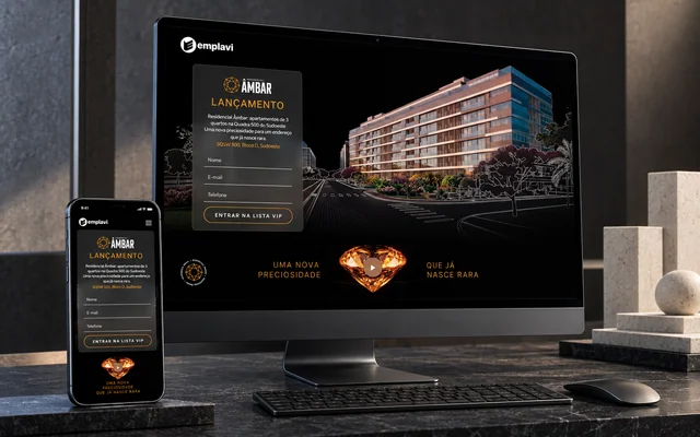 Mockup da landing page Residencial Âmbar, da Emplavi, em computador e celular