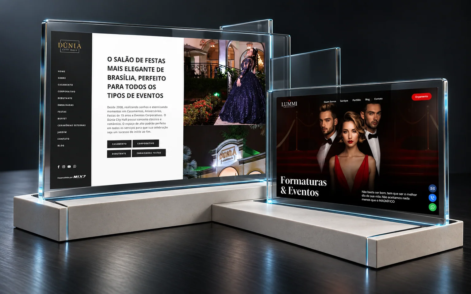 Montagem editorial com os sites Dúnia City Hall e Lummi em painéis de vidro sobre bases modulares