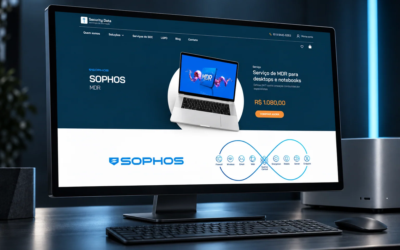 Mockup da loja Security Data em monitor sobre uma bancada tecnológica escura