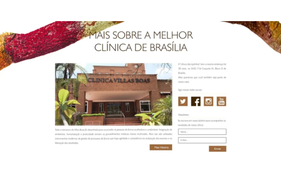 Trecho do site histórico da Clínica Villas Boas com foto da fachada e apresentação da clínica