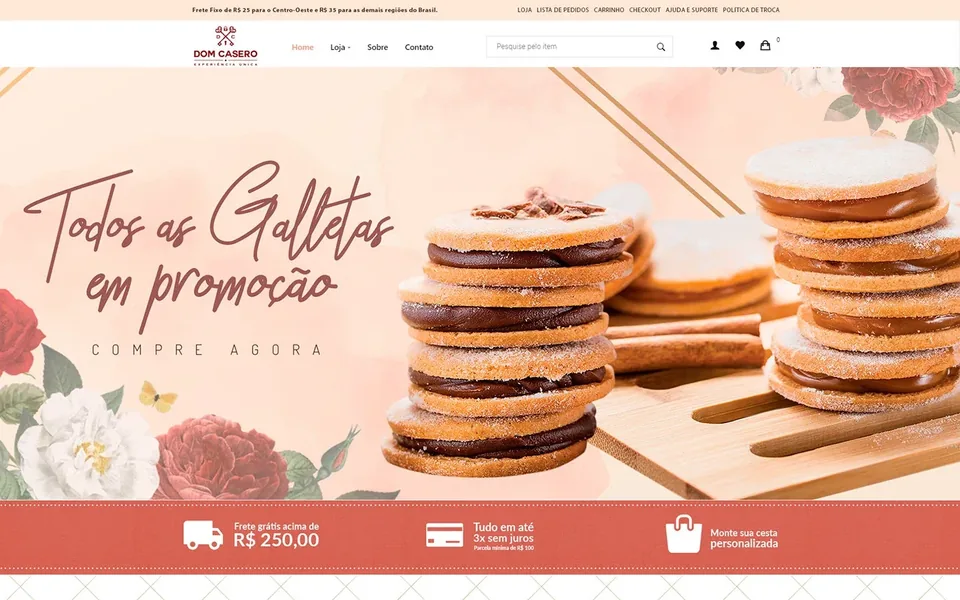 Página do e-commerce Dom Casero com biscoitos em destaque e vitrines de produtos