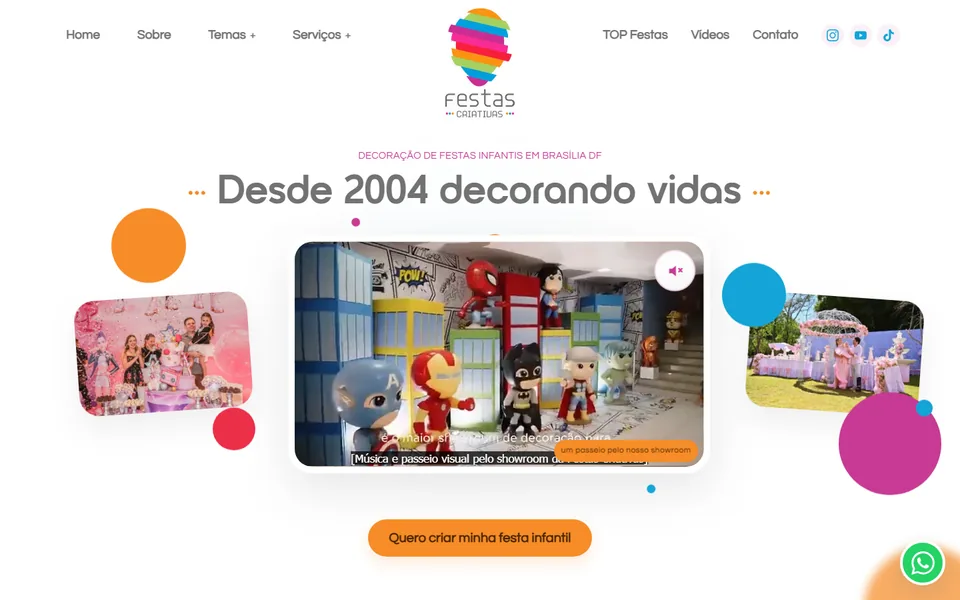 Captura histórica do site da Festas Criativas, empresa de Brasília, com cenários e chamada para contato