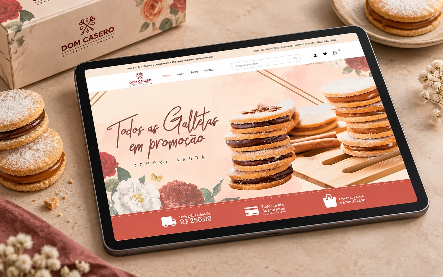 Mockup editorial de tablet exibindo o e-commerce histórico da Dom Casero, com doces ao redor
