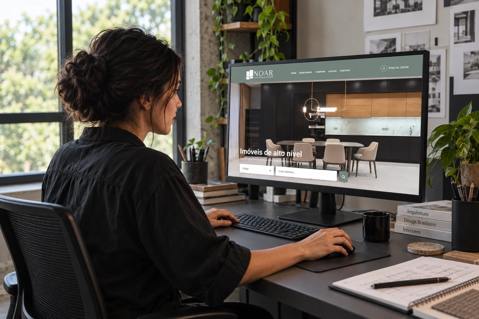 Profissional trabalha em um computador com o site real da Noar Imobiliária, usando o mouse em uma cena editorial
