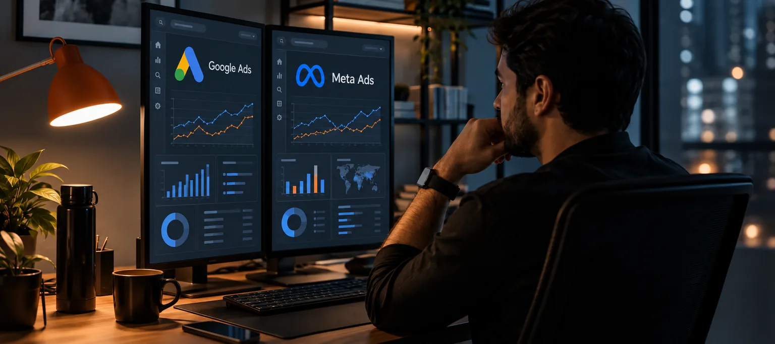 Cena editorial de um profissional analisando campanhas em monitores com os logos do Google Ads e Meta Ads