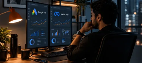 Cena editorial de um profissional analisando campanhas em monitores com os logos do Google Ads e Meta Ads
